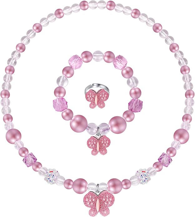 Butterfly Jewelry Set, Kids Butterfly Jewelry for Girls Included Necklace Bracelet Ring, Stretchy Toddler Play Jewelry Cute Toddlers Butterfly Pendant,Pretend Dress up Jewelry