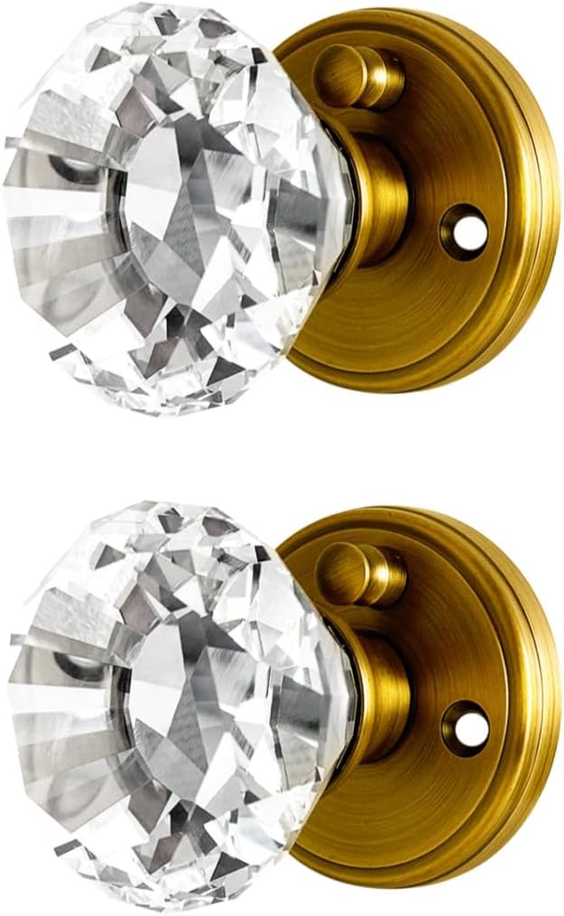 Gold Crystal Door Knobs with Lock, Glass Door Knobs Interior Privacy Set, Brass Vintage Decorative Antique Style Handle for Bedroom, Bathroom, Closet, 2 Pack