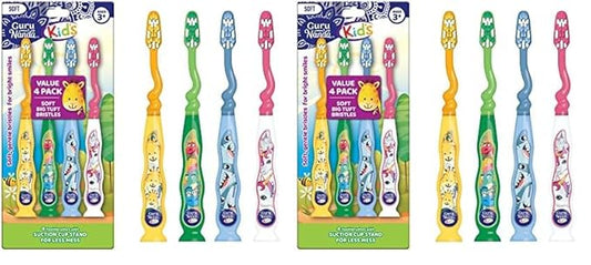 GuruNanda Kids Toothbrush with Suction Cup & Fun Animal Designs - Soft Bristles for Healthy Gums- Non-Slippery & Mess-Free Toothbrush, 3+ Age- 4 Count (Pack of 2)