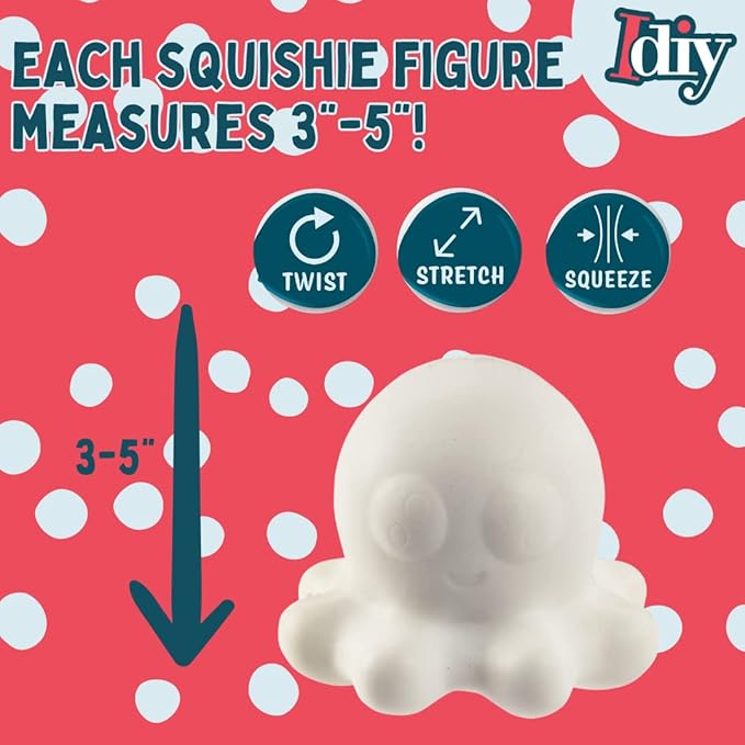 Idiy DIY Party Craft Kit Jumbo Ocean Pals Squishies (8 Unique Sea Animals w 12 Fabric Paints) -White Kawaii Scented Slow Rise Squishy Toys, Scented Stress Relief, Kids Birthday Activity Gift (4"-6")
