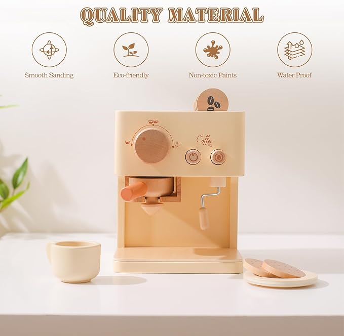 ibwaae Kids Coffee Maker 10Pcs Toy Coffee Maker Playset Wooden Kitchen Set Toys Toddler Play Kitchen Accessories, Pretend Play Food Sets for Girls and Boys