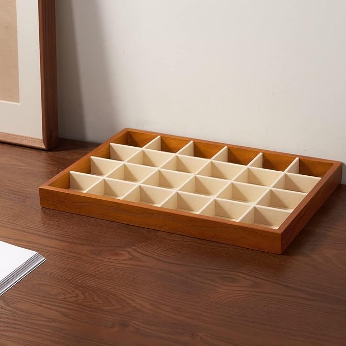 Oirlv 24 Grid Wood Jewelry Tray Microfiber Interior Jewelry Drawer Organizer Showcase Display Box Ring Earrings Holder