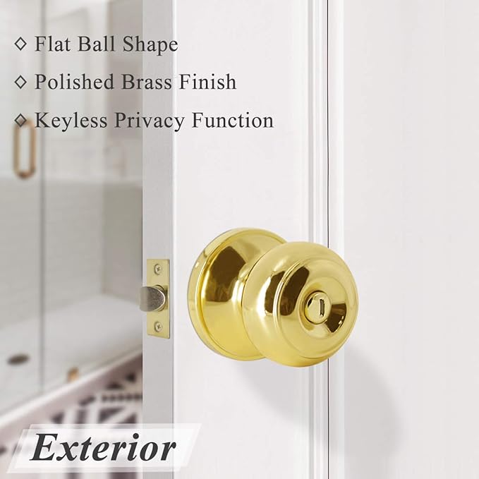 Probrico Home Bed & Bath Privacy Door Knob in Polished Brass, Flat Ball Interior Hardware, Keyless Universal Handing Door Lockset, 1 Pack