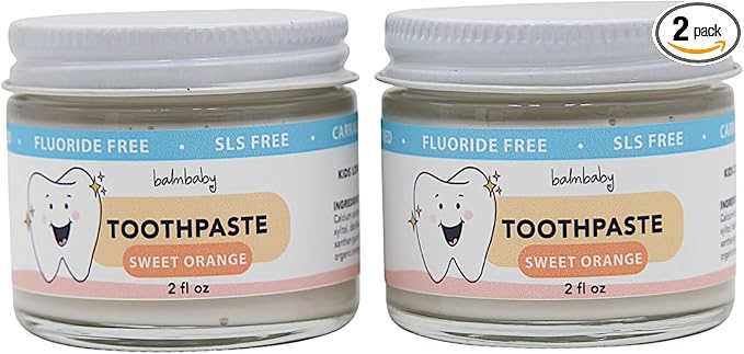 Kids All Natural Fluoride Free Toothpaste by Balm Baby Brand – SLS Free Toothpaste with Xylitol, Vegan, Gluten Free, BPA Free, Glass Jar Zero Waste Children’s Teeth Paste (2PK Orange)