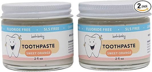 Kids All Natural Fluoride Free Toothpaste by Balm Baby Brand – SLS Free Toothpaste with Xylitol, Vegan, Gluten Free, BPA Free, Glass Jar Zero Waste Children’s Teeth Paste (2PK Orange)