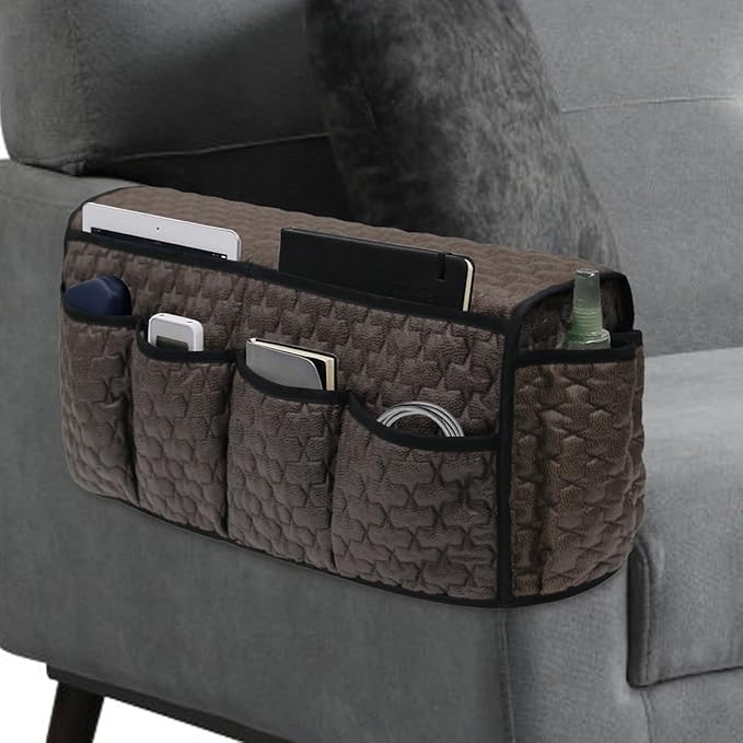 DECKALY TV Remote Control Holder for Armchair, Arm Chair Caddy for Recliner 14 Pockets, Non-Slip Sofa Armrest Organizer Storage for Cell Phone TV Remote Control Magazines (Brown)