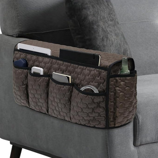 DECKALY TV Remote Control Holder for Armchair, Arm Chair Caddy for Recliner 14 Pockets, Non-Slip Sofa Armrest Organizer Storage for Cell Phone TV Remote Control Magazines (Brown)
