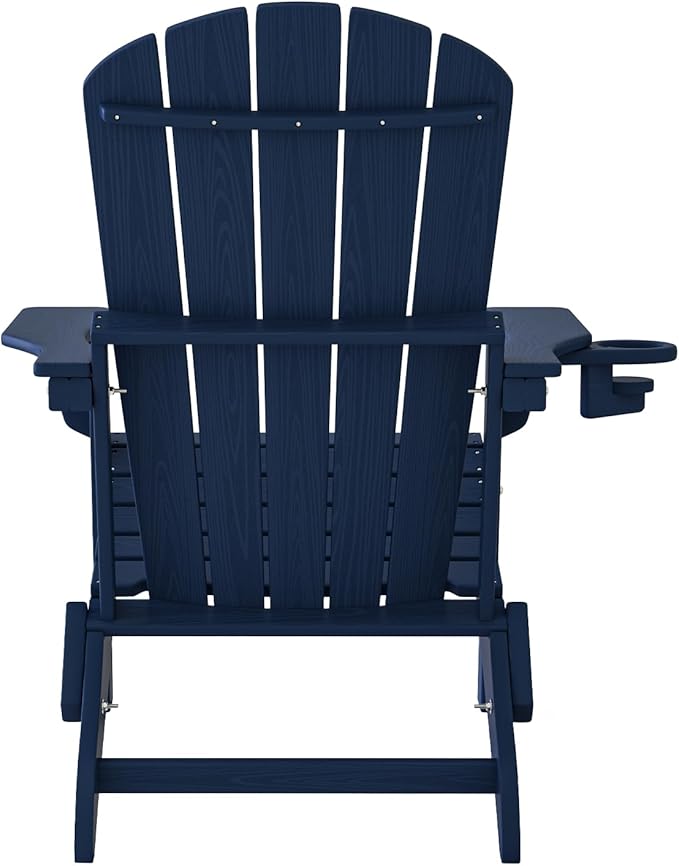 Plawdlik Folding Adirondack Chair, SGS Tested, Wooden Textured with Cup Holder, Heavy All-Weather HDPE Comfortable Set Poolside Backyard Lawn Navy Blue