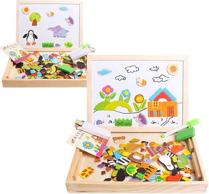 Skrtuan Educational Wooden Toys for Kids Toddlers Magnetic Puzzles Wooden Art Easel Double Side Learning Games Montessori Puzzle STEM Gift for Boys Girls Children