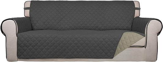 PureFit Reversible Quilted Sofa Cover, Water Resistant Slipcover Furniture Protector, Washable Couch Cover with Non Slip Foam and Elastic Straps for Kids, Pets (X Large, Dark Gray/Beige)