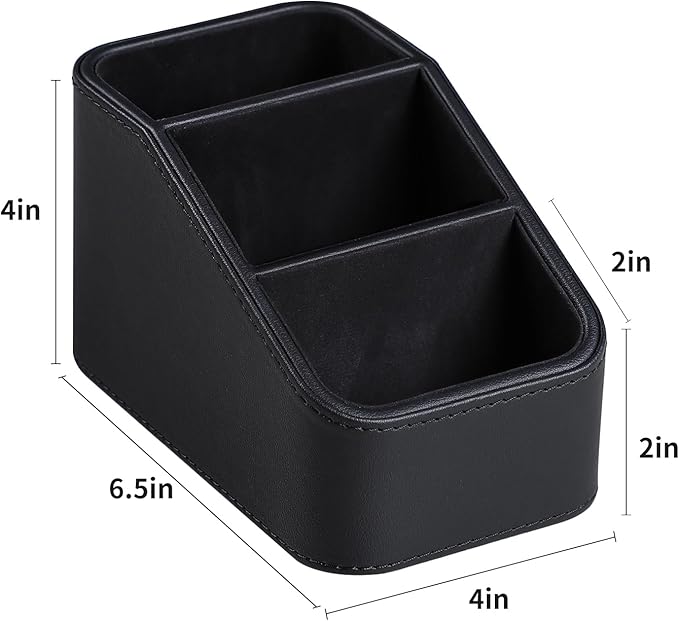 PU Leather Remote Control Holder, Small Desk Organizer Office Supply Bedside Caddy for Nightstand End Table Couch, Pen Remote Organizer with 3 Compartments (Black)