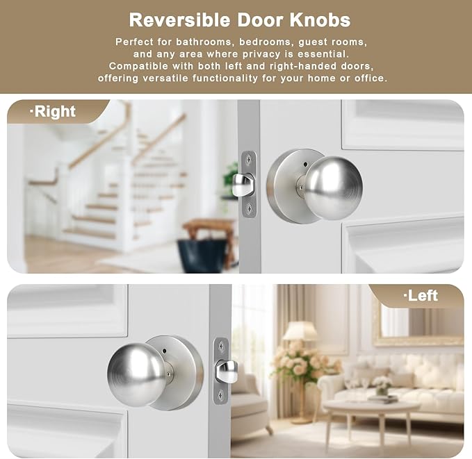 Satin Nickel Door Knob, Privacy Door Knobs Interior with Push-Button, Vintage Door Knob with Lock for Bedroom and Bathroom, 1 Pack