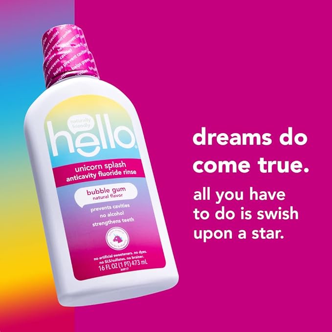 Hello Kids Mouthwash with Unicorn Bubble Gum Flavor, Alcohol Free Mouthwash for Kids with Fluoride, Safe for Ages 6 and Up, Anticavity, Vegan, No Alcohol, No Dyes, 16 Oz Bottles (Pack of 3)