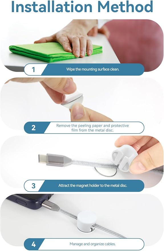 Maveek Magnetic Cable Clips White, Cord Organizer Magnet Silicone Cord Management Charging Cable Holder for Metal Desk, File Cabinet, Home and Office, with Extra Adhesive Plates (5 Piece, Large Size)