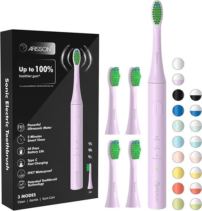 ARISSON Sonic Electric Toothbrush for Adults and Kids, 40,000 VPM Power Toothbrush, 1.5H Fast Charge Ultrasonic Electric Toothbrushes with 2 Minutes Smart Timer, Cotton Candy