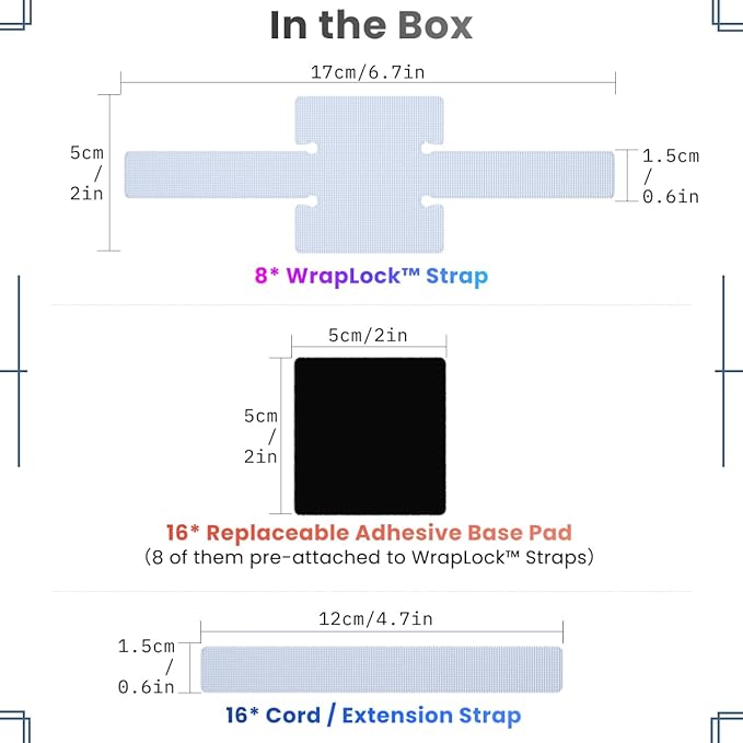 Under Desk Cord Management Straps, Adhesive-Backed Heavy-Duty Reusable Mounting Straps, Cable Management, Self Adhesive Hook and Loop Strap Set, for Large Cord Bundles, Power Strips & Devices