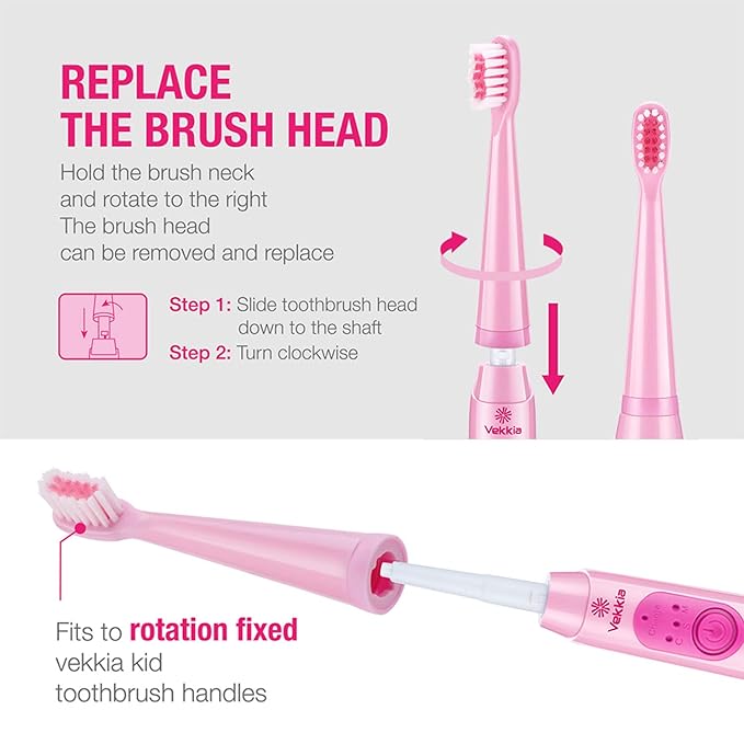 Vekkia Sonic Kids Electric Toothbrush Replacement Heads - 7X More Plaque Removal, End-Rounded 3D Curved Soft Bristles, Comfortable & Efficient Clean Teeth, Perfect for Kid Small Mouth, Pink (4 Pack)