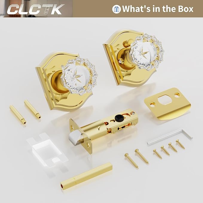 CLCTK Glass Door Knobs Interior with Lock, Crystal Privacy Gold Door Knob Polished Brass Door Knobs for Bedroom Bathroom, 1 Pack