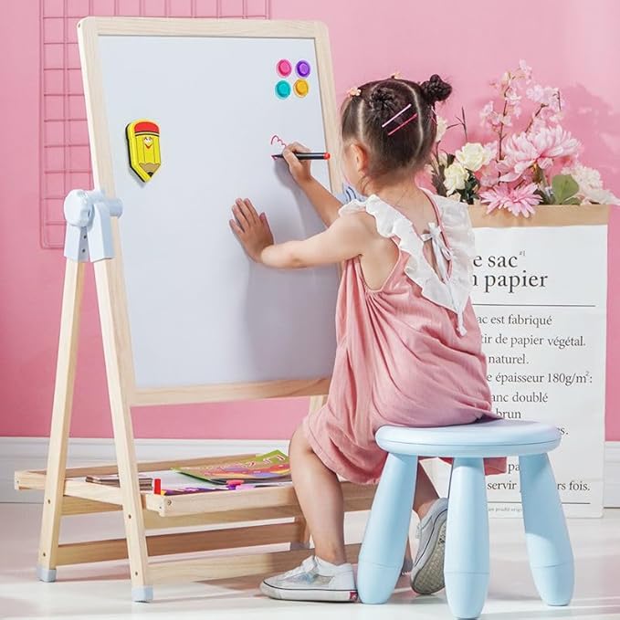 Adena Montessori Art Easel for Kids, 2 in 1 Adjustable Wooden Standing Art Easel & Toys Table Montessori Learning Furniture for 3-8 Years Old Children