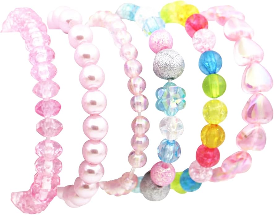 6 Pieces Princess Bracelets,Rainbow Stretchy Bead Bracelets Pink Love Bracelet,Girls Costume Jewelry Set