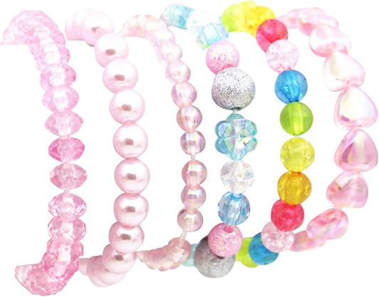 6 Pieces Princess Bracelets,Rainbow Stretchy Bead Bracelets Pink Love Bracelet,Girls Costume Jewelry Set