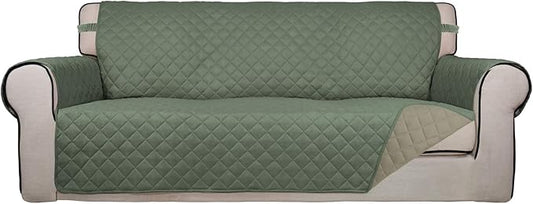 PureFit Reversible Quilted Sofa Cover, Water Resistant Slipcover Furniture Protector, Washable Couch Cover with Non Slip and Elastic Straps for Kids, Pets (Oversized Sofa, Greyish Green/Beige)