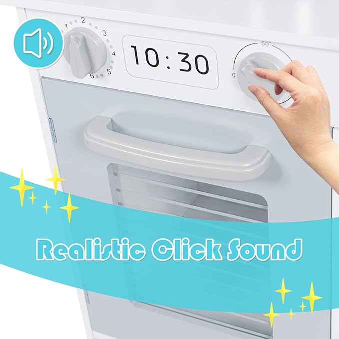 ARLIME Kids Kitchen Playset, Wooden Toy Toddler Kitchen w/ Simulated Sound, Accessory Utensils, Blackboard, Sink, Stovetop, Cabinets, Pretend Play Kitchen for Boys Girls