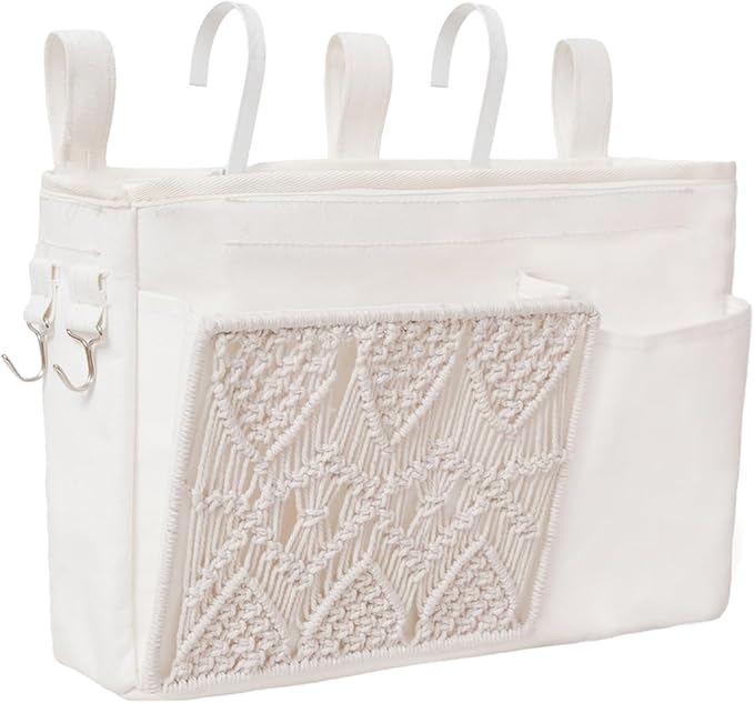 GYASVWU Boho Hanging Bedside Caddy Organizer, Macrame Bedside Pocket, Bunk Bed Organizer for Dorm Room , Baby Bed Rails, Magazine Storage, Toy Storage (White)
