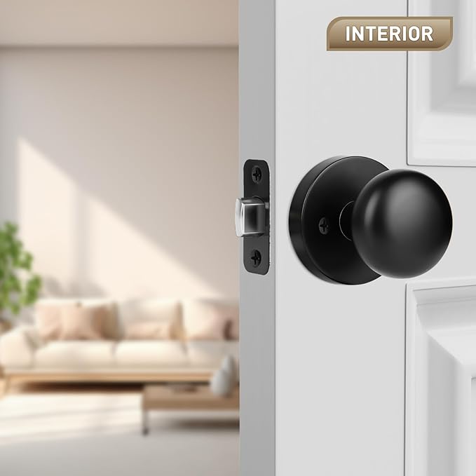 Passage Interior Door Knobs, Matte Black Door Knob for Hall and Kitchen, No-Locking Vintage Round Design Door Handle, Zinc Alloy 1 Pack