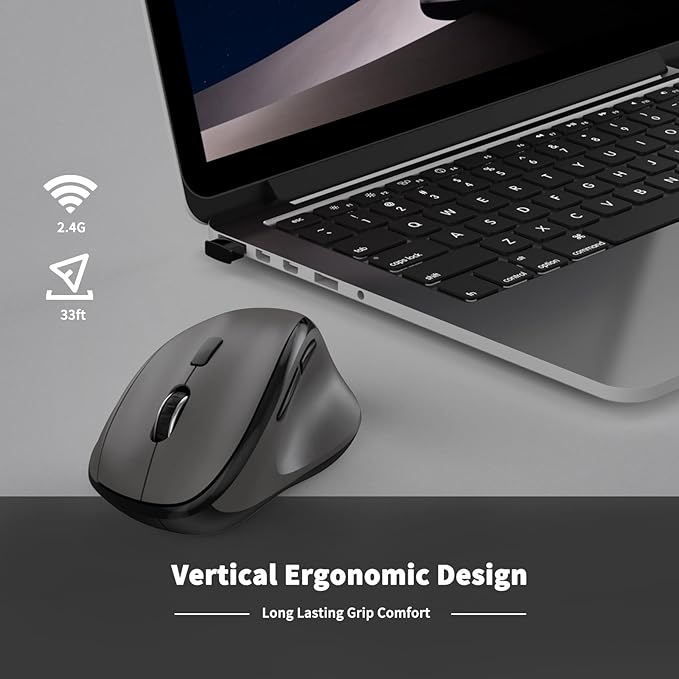 Ergonomic Wireless Mouse with USB Receiver for PC Computer, Laptop and Desktop, Ergo Vertical Mouse with Silent Clicks Long Battery Life, Up to 1600 DPI & 1 AA Battery Powered, Grey