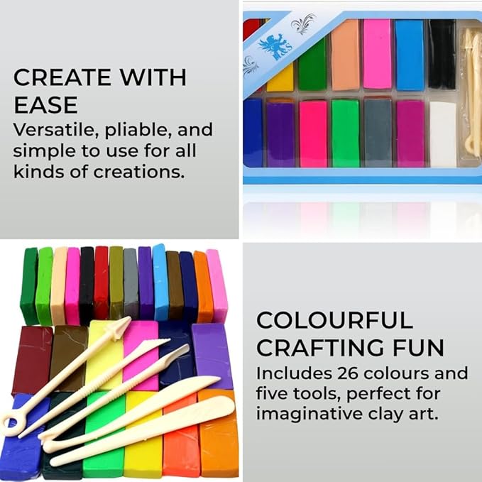 H&S Polymer Clay Modeling Kit – 26 Colors, 5 Sculpting Tools – Oven Bake Molding Set for Kids & Adults