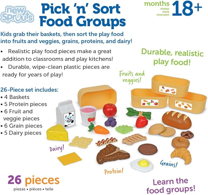 Learning Resources New Sprouts Pick ‘n’ Sort Food Groups, 26 Pieces, Ages 18 Months+, Grocery Store Pretend Play, Play Kitchen Accessories, Play Food for Toddlers