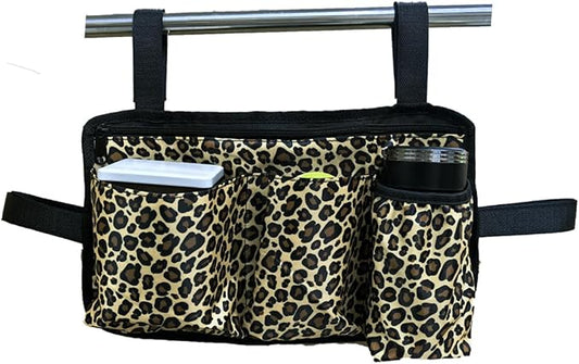 Wheelchair Side Bag with Cup Holder, Wheelchair Armrest Pouch Accessories for Walker, Rollator, Electric Scooter Wheelchairs (Leopard Print, 13.8X8 Inch)