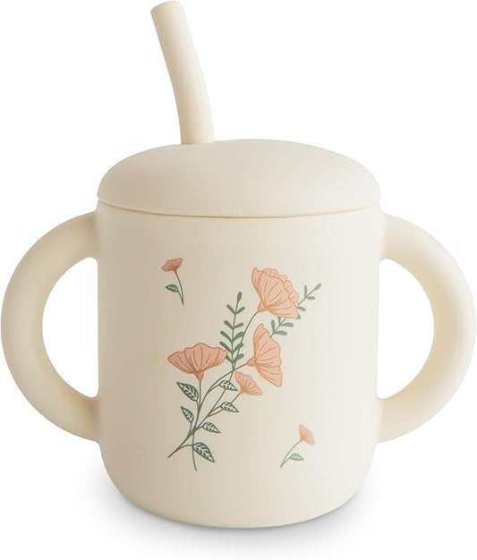 mushie 100% Silicone Training Cup & Straw for Toddlers | 6 Months+ (Pink Flowers)