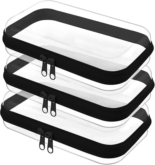 Clear Hard Shell Zipper Case,Clear Toy Storage Pouch,Waterproof Transparent Organizer Cosmetic Case for Travel, Office, Home (Black, 3*S)