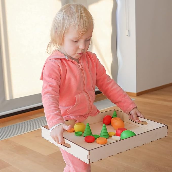 Ulanik Sorting Tray Toddler Montessori Toys for 3 Year Old + Kids Wooden Montessori Tray for Preschool Learning Color Sorting and Counting — No Sections