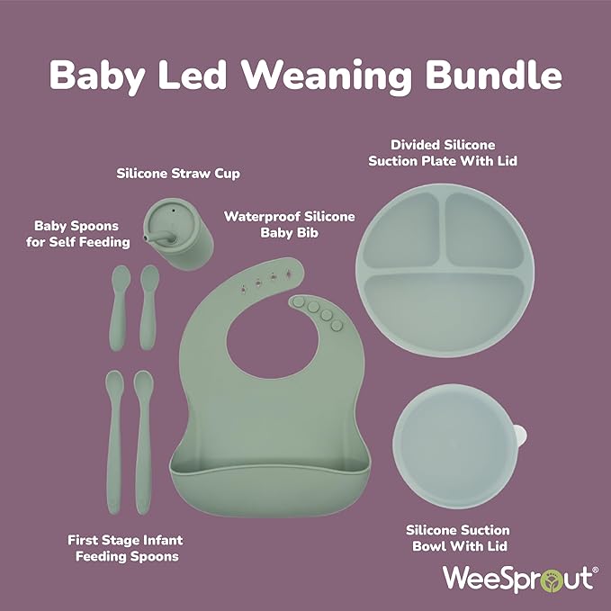 WeeSprout Baby Led Weaning Bundle, Silicone Suction Bowl, Spoons, Bib & Cup, Develops Self Feeding Skills, Dishwasher Safe (Pink)