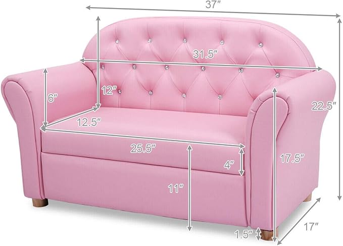 Costzon Kids Couch, 2 in 1 Princess Double Seat Children's Sofa w/PU Leather Surface, Toddler Armrest Chair for Bedroom, Kids Room, Mini Sofa for Kids Loveseat Baby Girls Birthday