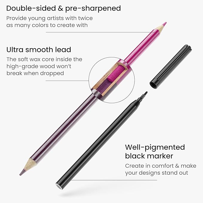 Arteza Kids Activity Book, Dot to Dot Coloring Book, 8.5 x 11 Inches, Back to School Supplies for Ages 6 and Up, 50 Sheets, 12 Double-Ended Colored Pencils, Black Marker, Eraser, Pencil Sharpener