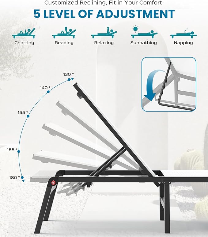 Aluminum Lounge Chair Outdoor, Foldable Pool Lounge Chairs with 5 Positions Recliner - No Assembly - Patio Chaise Lounge Chair for Outside, Poolside (White)