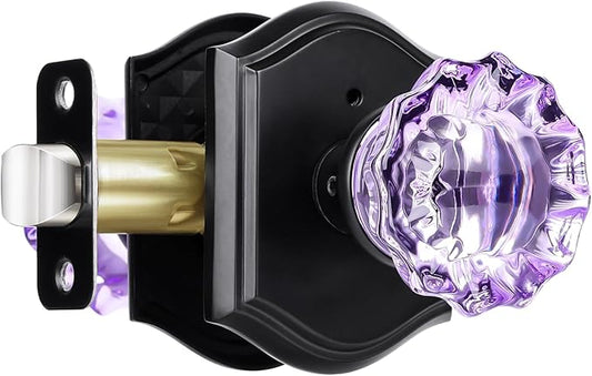 CLCTK Purple Glass Door Knobs Interior with Lock, Matte Black Crystal Privacy Door Knobs for Bedroom Bathroom, 1 Pack