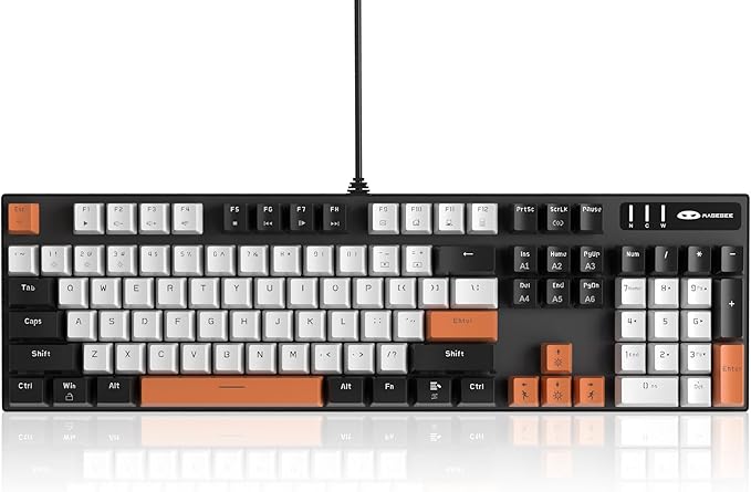 MageGee Mechanical Gaming Keyboard, 104 Keys White Backlit Keyboards with Yellow Switches, USB Wired Mechanical Computer Keyboard for Laptop, Desktop, PC Gamers (Black & White)