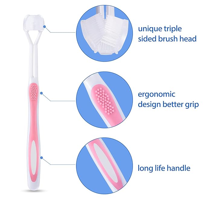 Boao 4 Pieces Three Sided Toothbrush Autism Sensory Toothbrush Bristle Travel Brush for Kids Complete Teeth Gum Care Good Angle Clean Tooth, Soft and Gentle(Pink, Blue, Orange, Purple)