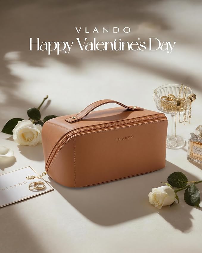 Vlando Makeup Bag,Large Capacity Travel Toiletry Bag,Cosmetic Bags for Women PU Leather Waterproof Portable Pouch with Divider & Handle-Brown