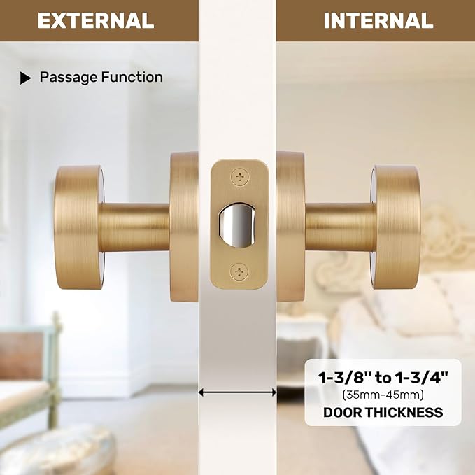 Satin Brass Door Knob Passage Door Knobs Interior Brushed Brass Closet Door Knobs Modern Round Gold Door knob Indoor for Closet Hallway