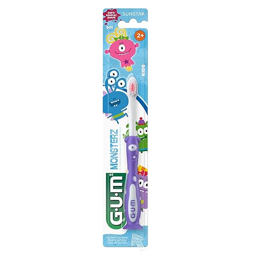 GUM Monsterz Children and Toddler Toothbrush, Soft Bristled Kids’ Toothbrush with Suction Cup, for Ages 2+, 1ct (6pk)