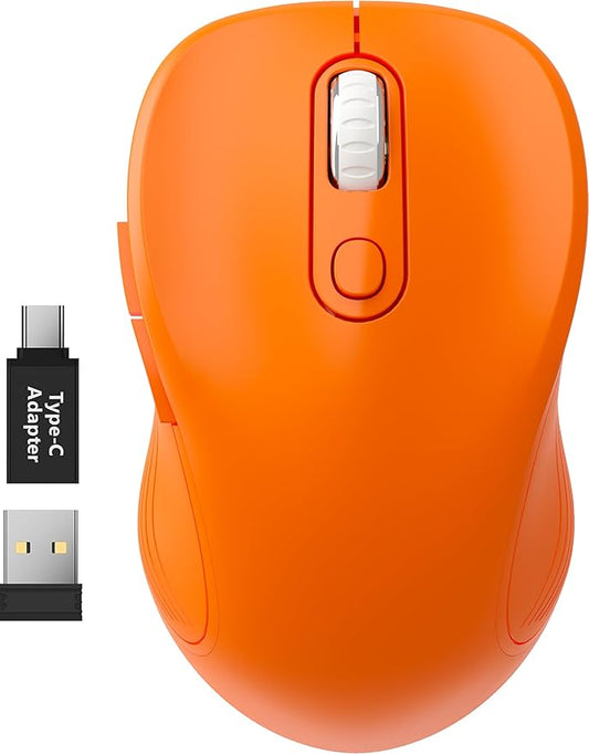 WisFox 2.4G Wireless Mouse for Laptop, Ergonomic Computer Mouse with USB Receiver and Type-C Adapter, 3 Adjustable Levels DPI, 6 Button Cordless Wireless Mice (Tangerine)
