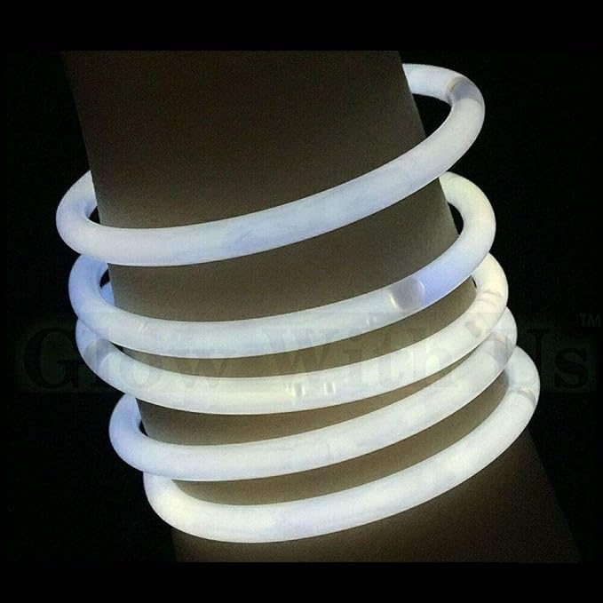 Glow Sticks Bulk Wholesale Bracelets, 100 8” White Glow Stick Glow Bracelets, Bright Color, Glow 8-12 Hrs, 100 Connectors Included, Glow Party Favors Supplies, Sturdy Packaging, GlowWithUs Brand