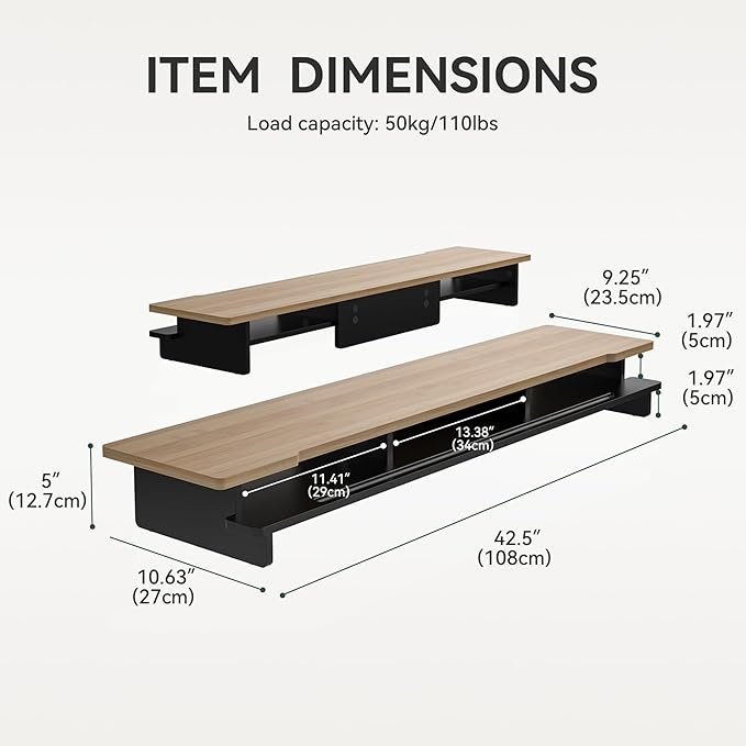 WELL WENG Monitor Stand Dual Monitor Stand Riser for Desk,Wood Desk Shelf Storage Organizer with Phone Tablet Holder (42.5 Inch, Black & Dark Bamboo)