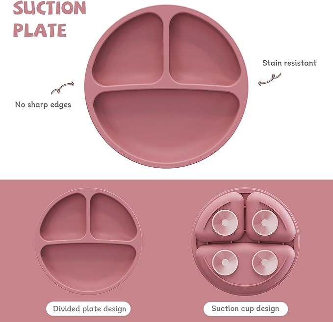 RyanLemon Baby Feeding Set, Baby Flatware Sets, Silicone Baby Led Weaning Set, Suction Plate and Bowl, Pocket Bib, Spoon Fork, Toddler Flatware Set for Babies 6 Months+, Pink